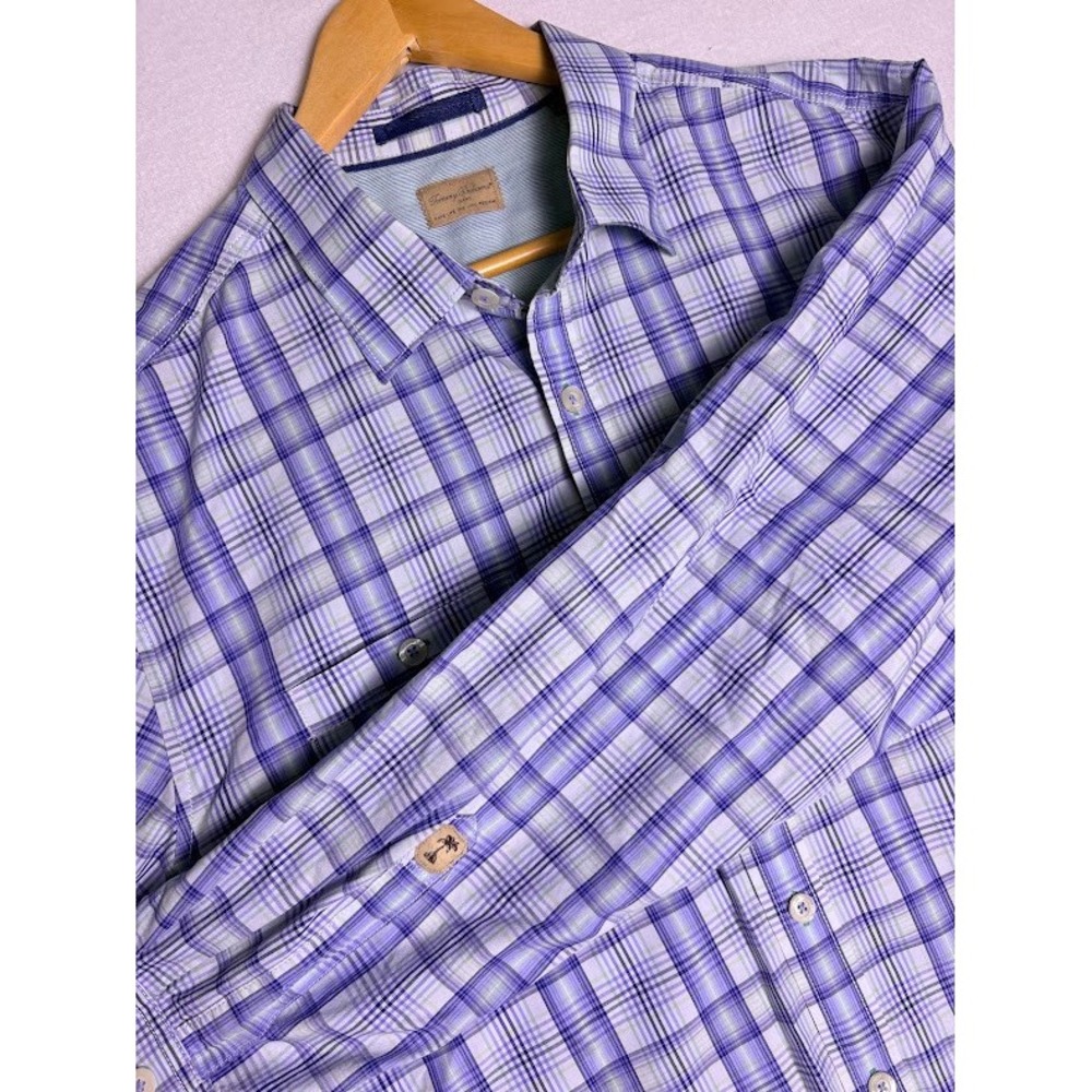 Tommy Bahama Plaid Button Down Shirt Mens XL Purple Blue Long Sleeve Cotton